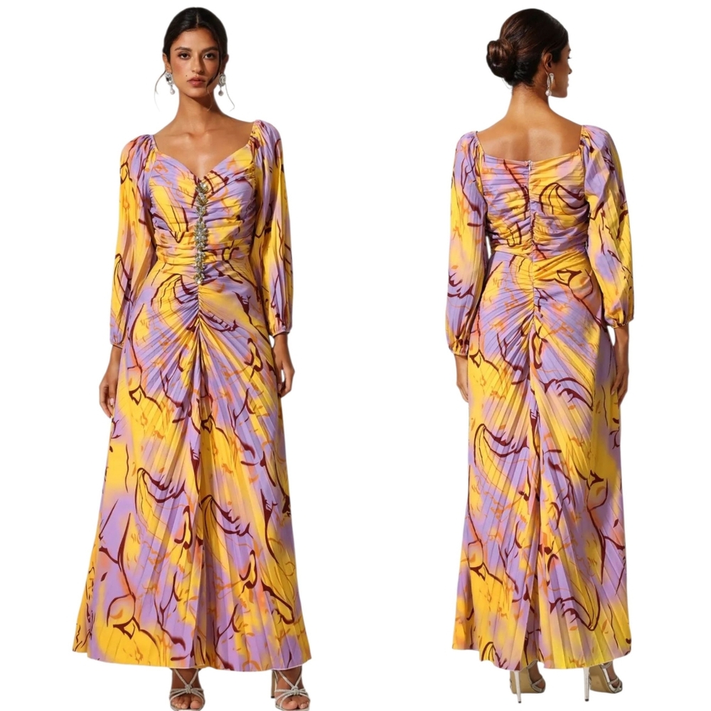 Mara Blak Lila Long Sleeve Rhinestone Print Maxi Dress‎ NEW